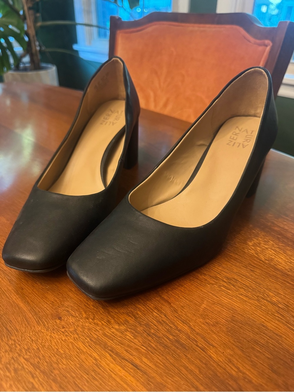Naturalizer Black Square Toe Block Heel Pumps